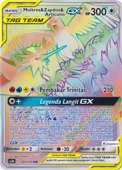 Moltres Zapdos Articuno GX HR — kartu Pokémon cetakan Indonesia